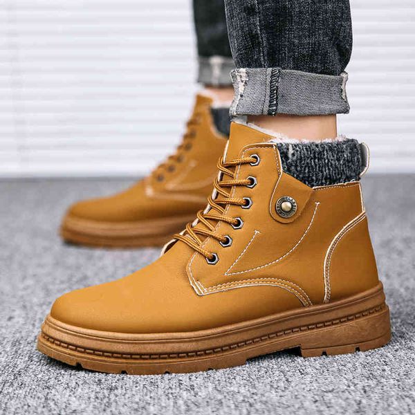 

boots ankle men sneakers fashion lace-up solid winter shoes snow warm fur flat with breathable, Black