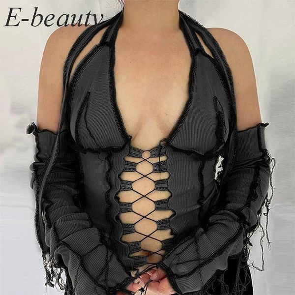 

women's t-shirt y2k backless halter ribbed tie front women long sleeve hollow out lace up t shirts patchwork bodycon crop, White