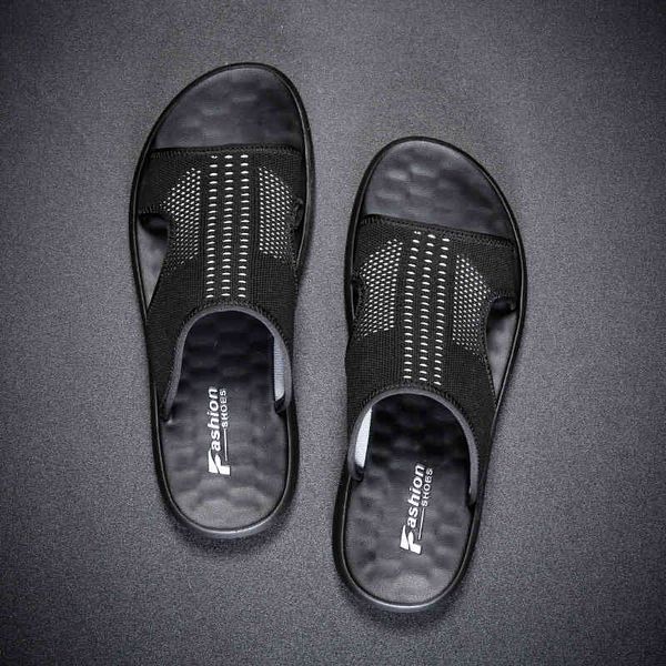 

dress shoes malha verÃ£o homens chinelos de banho ao ar livre respirÃ¡vel moda marca praia sapatos flip flops interior slides homem casa plana, Black