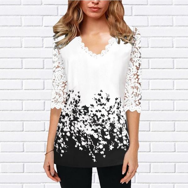 

plus size 4xl 5xl shirt blouse female 2021 spring new v-neck half sleeve lace splice print boho women shirt, White