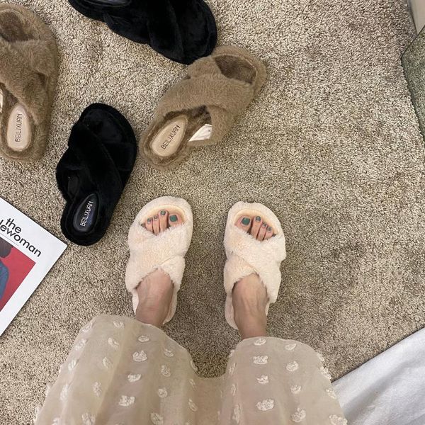 

slippers shoes ladies' luxury slides cross-tied fur flip flops platform flat designer plush rome with rubber short plu, Black