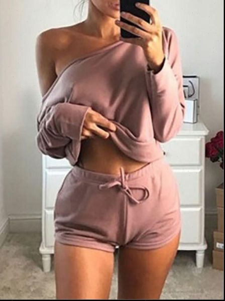 

two pieces fashion womens tracksuits off shoulder slash neck long sleeve t shirt crop high waist lace up short, Gray