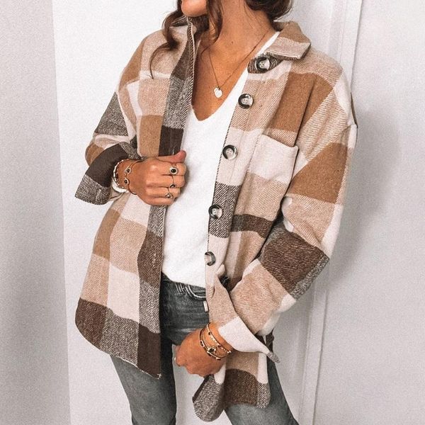 

women's jackets loose casual brown plaid jacket women turn down collar fashion coat with pockets autumn long sleeve ladies coats, Black;brown