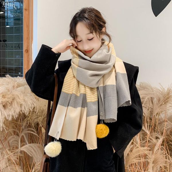 

hats, scarves & gloves sets autumn and winter cute fur ball scarf women korean fashion wild warm striped thick muffler dual-use big shawl, Blue;gray