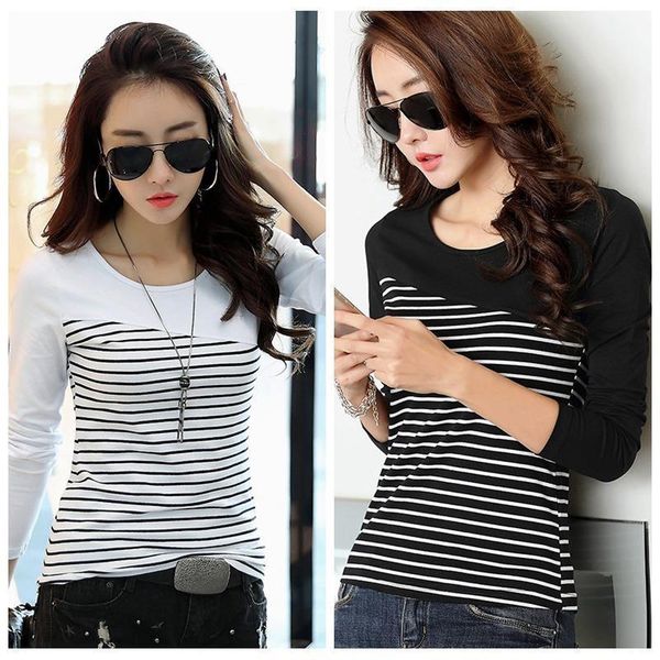 

o neck casual slim long womens t shirts sleeved striped autumn, White