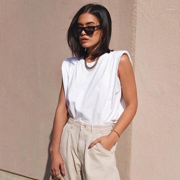 

summer women t-shirt cotton shoulder padded o-neck sleeveless solid female casual loose tees women's, White