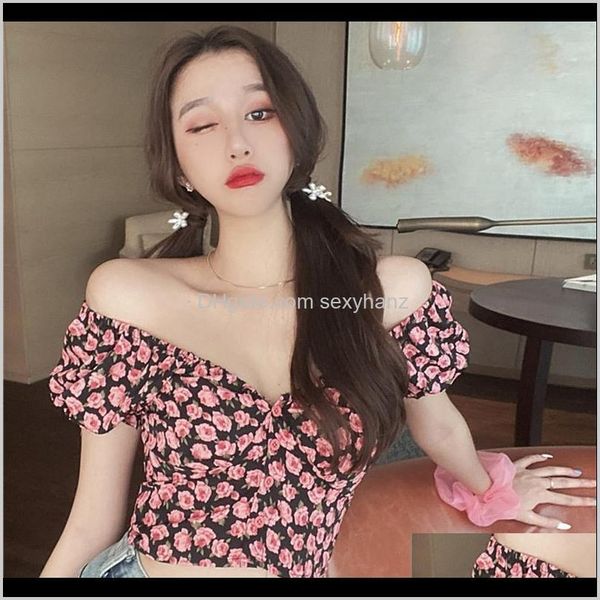 

blouses & shirts womens clothing apparel drop delivery 2021 harajuku floral print women v-neck sweet sleeve chiffon short blouse drop dwzvk, White