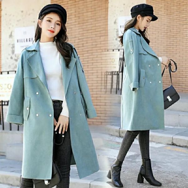 

women's trench coats deerskin velvet windbreaker mid-length coat spring fashion double-breasted autumn loose temperament, Tan;black