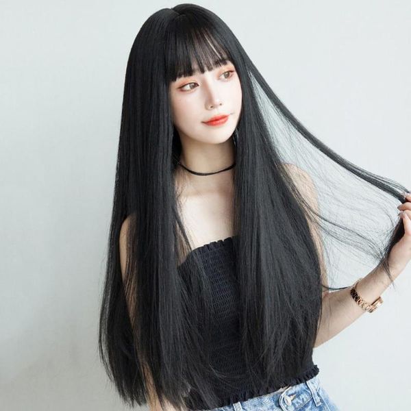 

hair bun maker long wigs straight breathable inner net high temperature fiber black for female, Brown