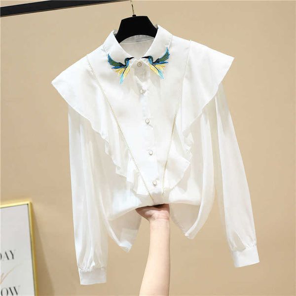 

embroidered ruffle full loose turn down collar white shirt for women 210615
