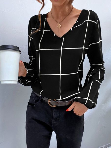 

plaid v-neck blouse w2si#, White