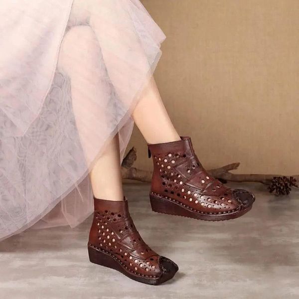 

handmade leather soft beef tendon bottom hole boots ethnic style retro slope heel sandals female hollow short, Black