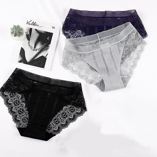 

women's panties seamless for women ultra thin mid-waisted underwear floral briefs lace thong see through calcinha, Black;pink