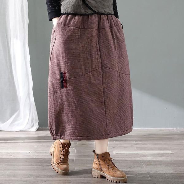 

skirts winter arts style women elastic waist loose long vintage plaid cotton linen thicken warm a line m269 2p48, Black