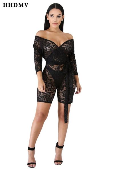 

women's jumpsuits & rompers hhdmv la3136 club party style long sleeve card shoulder lace sashes tight perspective black short pants, Black;white