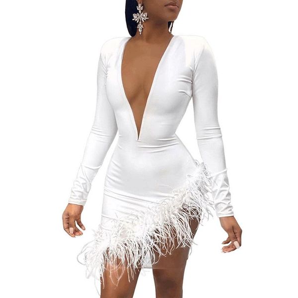 

casual dresses european fashion feathers spliced lady short dress full sleeve black / white sheath club party tight mini, Black;gray