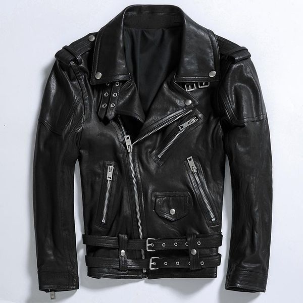 

men's leather & faux spring black oblique zipper jacket slim genuine sheepskin svegetable tanned motorcycle biker coat
