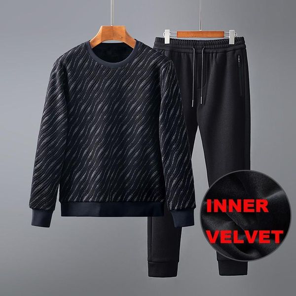 

men's tracksuits minglu add velvet thicken mens sets (sweatshirt+pants) luxury stripe jacquard round collar male suits slim fit hoodies, Gray