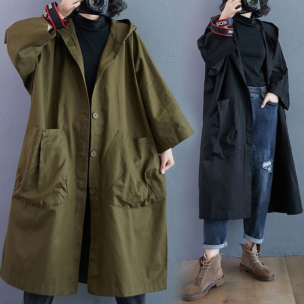 

Long Fashion Trench Coat Loose Literary and Artistic Tone Size Over the Knee Long Large Pocket Windbreaker Coat Women's Hooded Commuting Leisure, Black