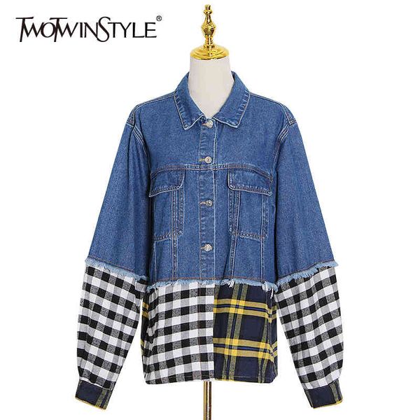 

streetwear patchwork denim plaid jacket for women lapel long sleeve hit color casual jackets female fashion autumn 210524, Black;brown
