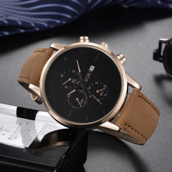 

wristwatches luxury men watches three eye retro quartz analog casual leather strap belt business male date gift wristwatch reloj hombre, Slivery;brown