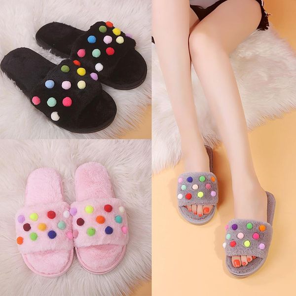 

slippers winter women home fur warm soft slip on flat female casual cotton ladies indoor shoes, Black