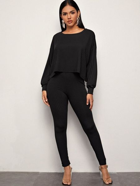 

rib-knit batwing sleeve & leggings set 27nl#, White