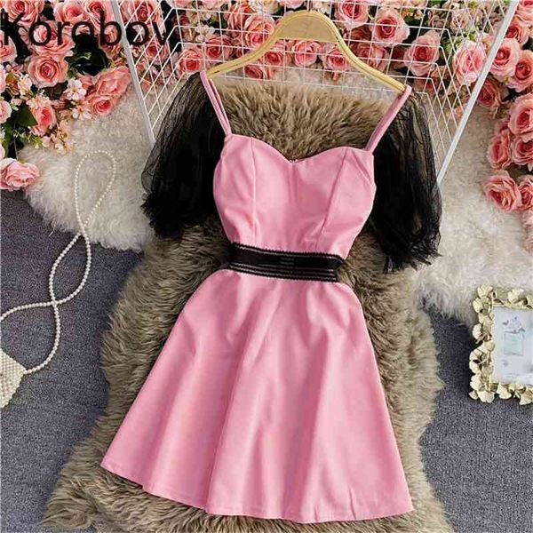

korobov summer new women dress fashion square collar puff sleeve mesh patchwork female dresses slim high waist vestidos 210430, Black;gray