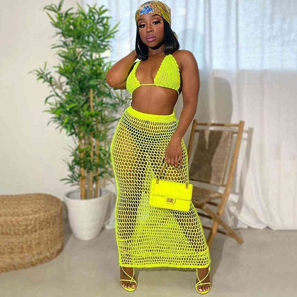 

bkld summer beach two piece crochet outfits for women fashion neon color mesh fishnet knitted crop and long skirt sets, White