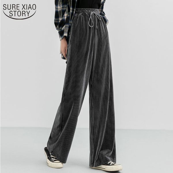 

mujer pantalones autumn winter thicken corduroy wide leg pants high waist loose slimming straight solid women's 11179 210508, Black;white