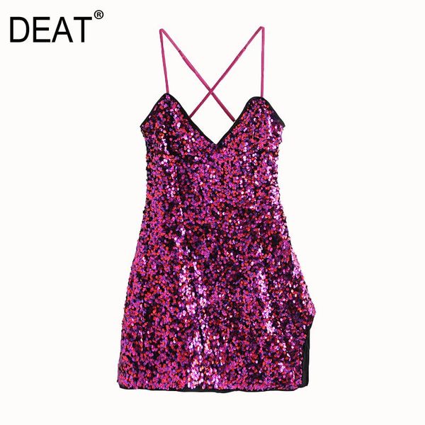 

[deat] 2021 spring autumn fashion v-neck high waist spaghetti strap sleeveless solid color sequins personality dress 13w533 casual dresses, Black;gray
