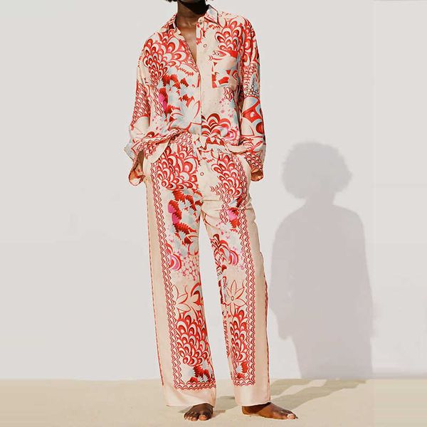 

za women print high street sets fashion loose shirt trousers 2 pieces sets long sleeve blouse pants suits ozz1024 210929, White