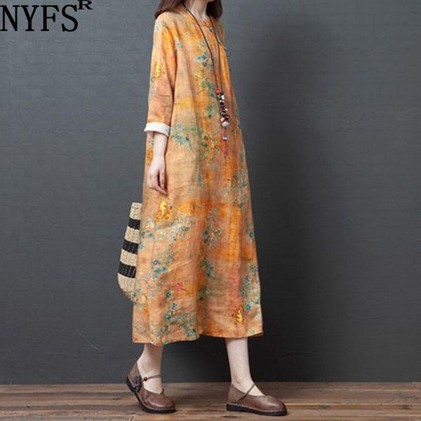 

casual dresses nyfs 2021 autumn dress cotton linen long loose vintage women printing women's vestido de mujer robe elbise, Black;gray