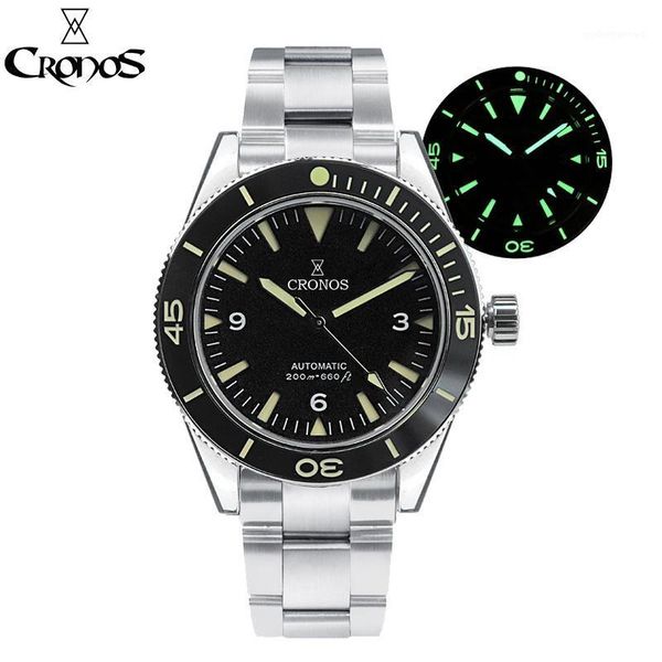 

cronos sea master 300 diver men watch sandwich dial automatic nh35 200m water resistant rotating bezel metal band wristwatches, Slivery;brown