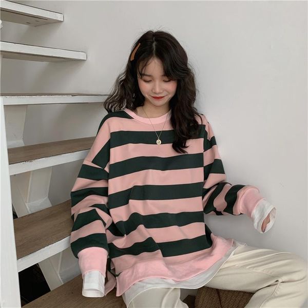 

women's hoodies & sweatshirts korea fake two-piece striped fashion sweatshirt ins harajuku vintage o-neck long-sleeved autumn clothing, Black