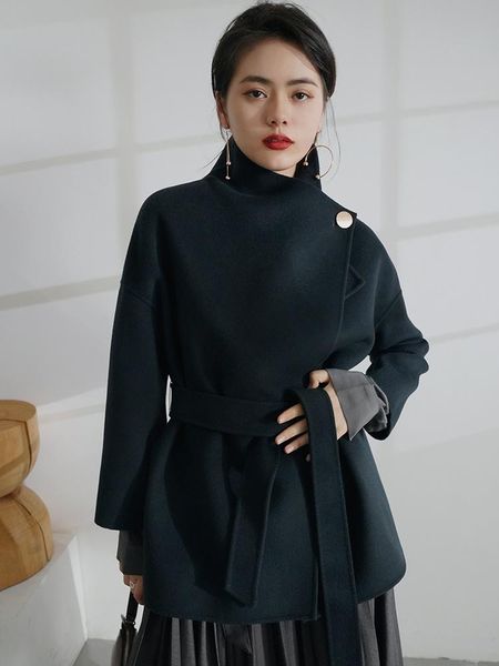 

women's wool & blends se boar camel coat women 2021 british style small man cloak double-sided tweed autumn and winter, Black