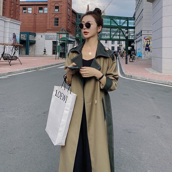 

women's trench coats clothing brand famous fall jacket fashion stitch retro elegant design medium length thin coat, Tan;black