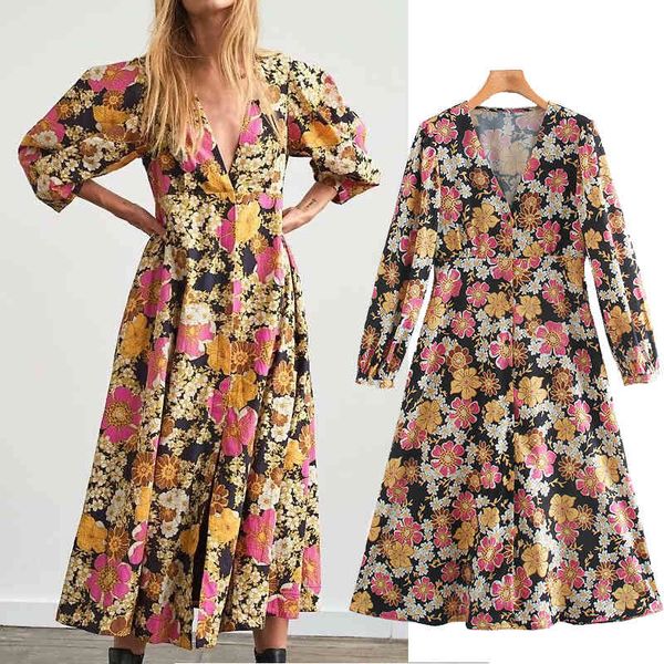 

casual dresses fashion retro print pleated puff sleeve ladies v-neck slim vestidos spring midi bckc, Black;gray