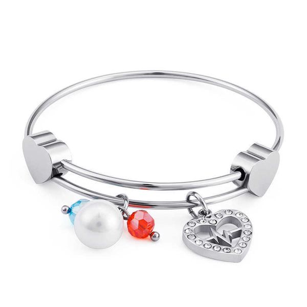 Moda Mulheres Cores Arame Titânio Aço Redondo Bola Dupla Corações Pérolas Número de Cristal Número de Cristal Bangel Pulseiras Pulseras Jóias Q0717