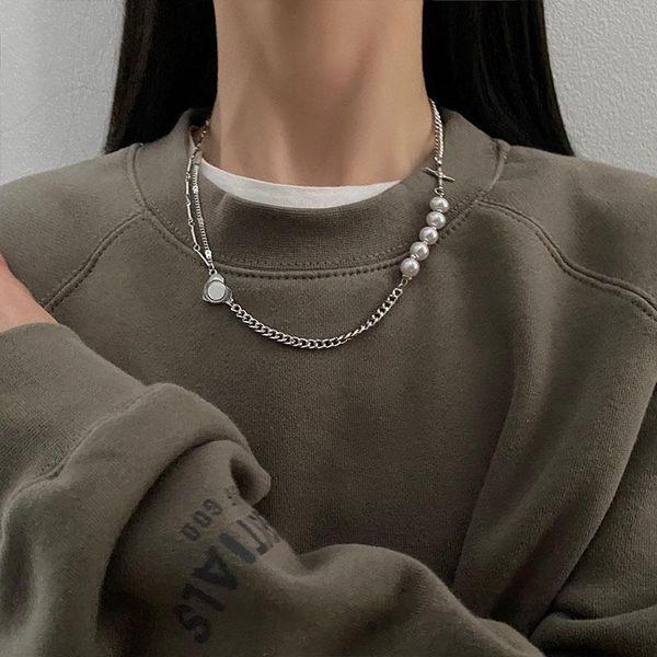 

chokers punk style stainless steel chain pearl splicing love short necklace korean fashion jewelry gothic girl's unusual clavicle, Golden;silver