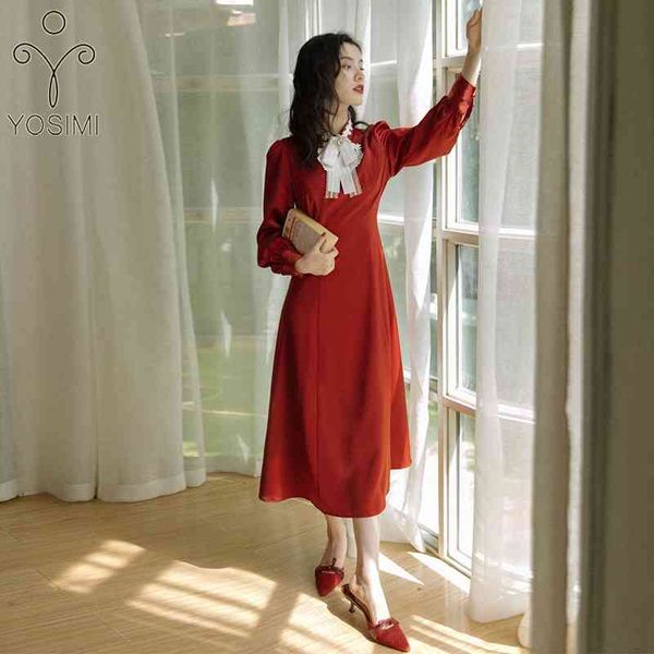 

yosimi red long dress for women vintage lace stand neck hollow out sleeve midi spring black party elegant female 210604, Black;gray