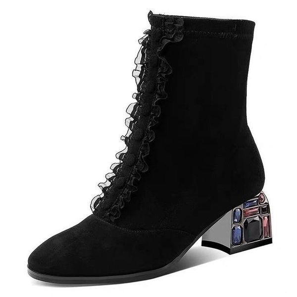

boots crystal square heel flock slip-on women fashion style ankle 2021 spring autumn botas de mujer, Black