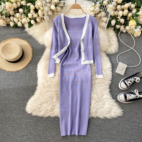 

singreiny women autumn winter knitted set v neck long sleeve button cardigan+strap bodycon sweater dress two piece suits 210419, White