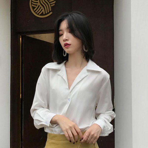 

women's blouses & shirts spring autumn korea fashion women notched collar ol white long sleeve loose solid blouse female blusas s5306