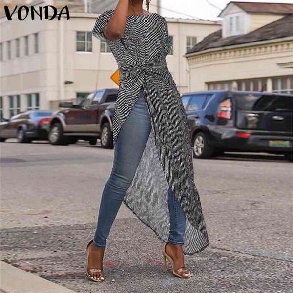 

vonda asymmetrical blouse split hem striped party long ladies office shirts 2021 women tunic plus size blusas, White