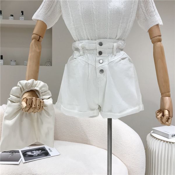 

short spring summer niche female fashion design breasted tight temperament show thin waist high denim shorts, White;black