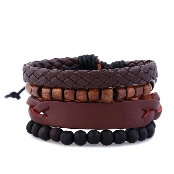 

charm bracelets 4pcs/set vintage punk dark brown braiding macrame leather chunky black wood beads multilayers bangles man jewelry, Golden;silver