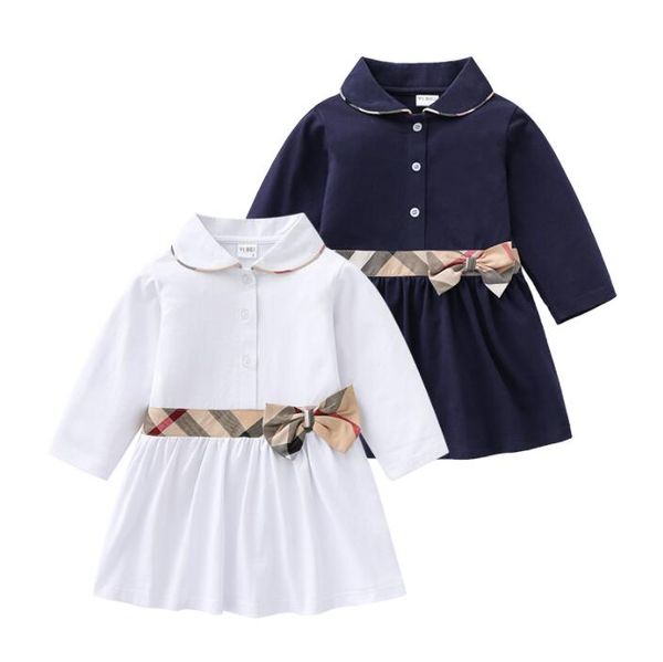 

Good Quality Spring Autumn Baby Girls Long Sleeve Dresses Turn-down Collar Girl Princess Dress with Bowknot Cotton Kids Plaid Skirts 1-6 Years, Dark blue