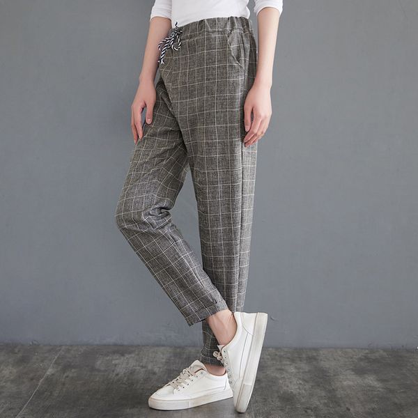 

women's tracksuits plaid casual pants drawstring female fashion vintage long bottoms trousers spring summer harem pant plus size 2, Gray