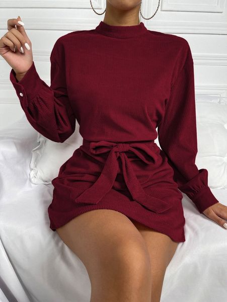 

mock neck keyhole back belted dress i1v2#, Black;gray